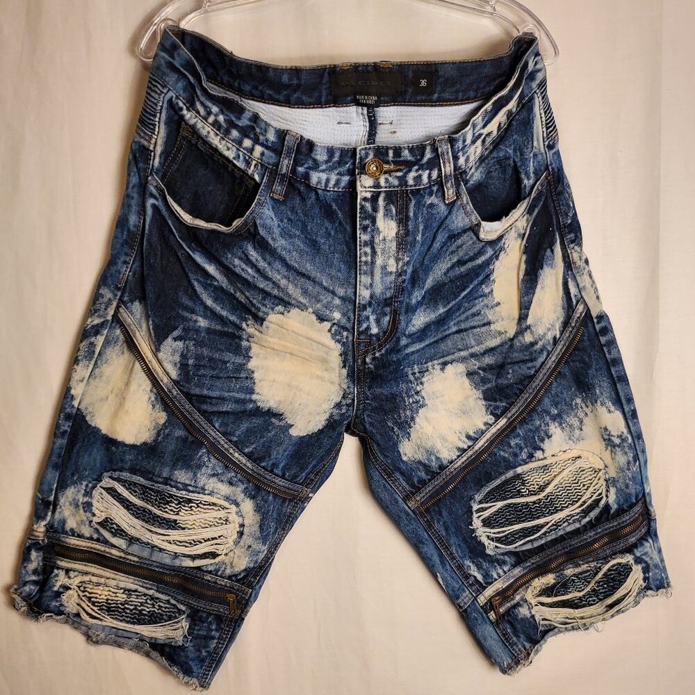 Decibel Mens Dark Blue Acid Wash Jean Shorts Distressed Look Sz 36